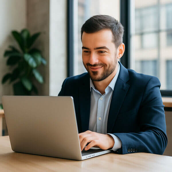 Greek businessman working on a laptop in a modern office, reviewing English-language marketing material with a focused expression