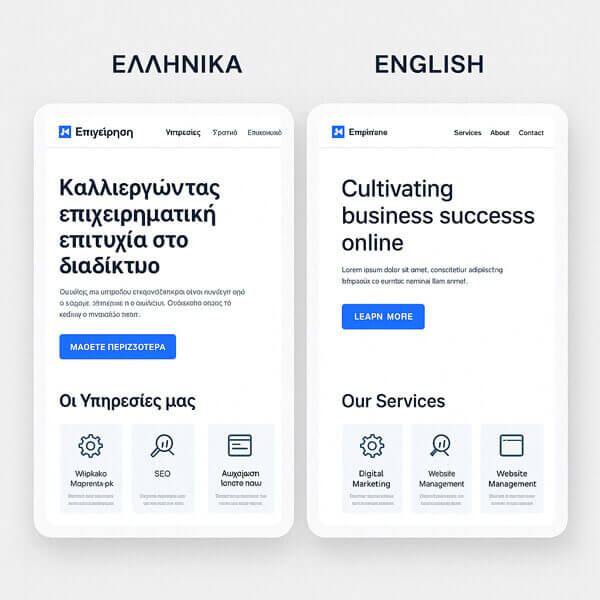 Side-by-side comparison of a Greek website and its English-language version, showing differences in layout, structure, and tone