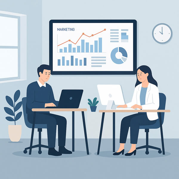 Illustration of a digital agency with team and dashboard