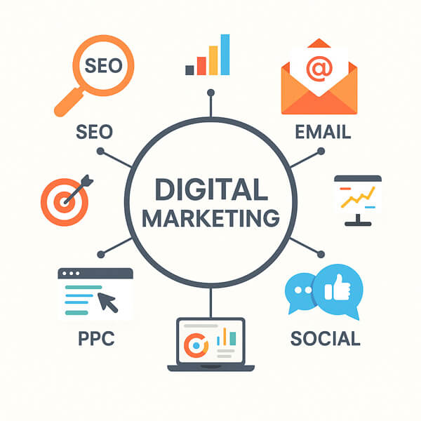 Infographic of digital marketing services including SEO, email, social, and PPC.