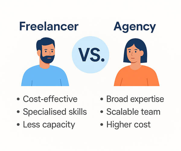 Infographic comparison showing a freelancer versus an agency, highlighting key differences in cost, expertise, and scalability