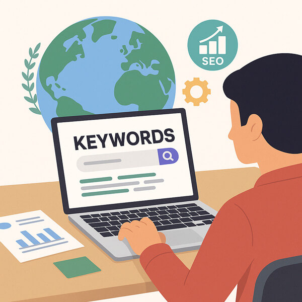 Person researching keywords on laptop with SEO icons and a globe in background