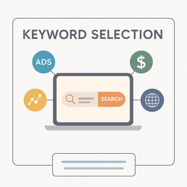Keyword selection infographic with SEO-related icons around a search bar