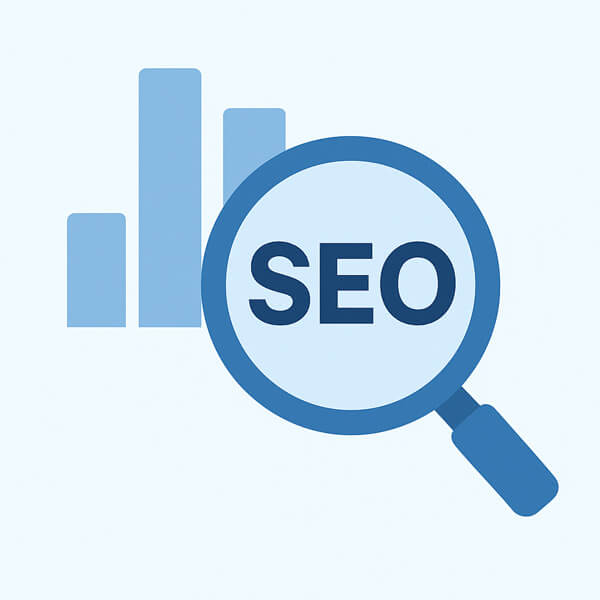 SEO magnifying glass icon with bar chart bars.